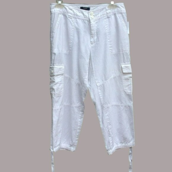 Beachy Light Barrel Leg Linen Cotton Size 6 Women's White Cargo Cropped‎ Pants - Picture 1 of 14